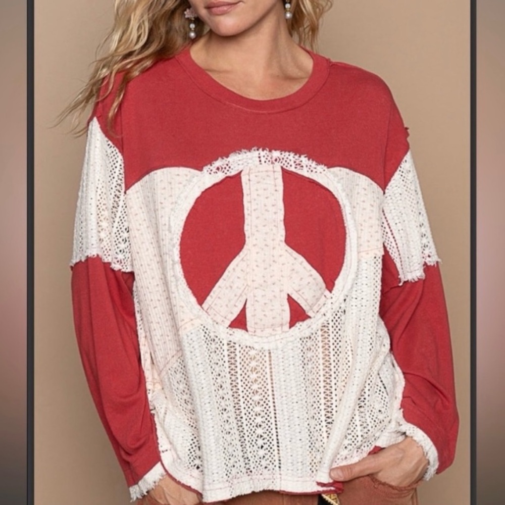 POL Red and White Long Sleeve Peace Sign Pullover